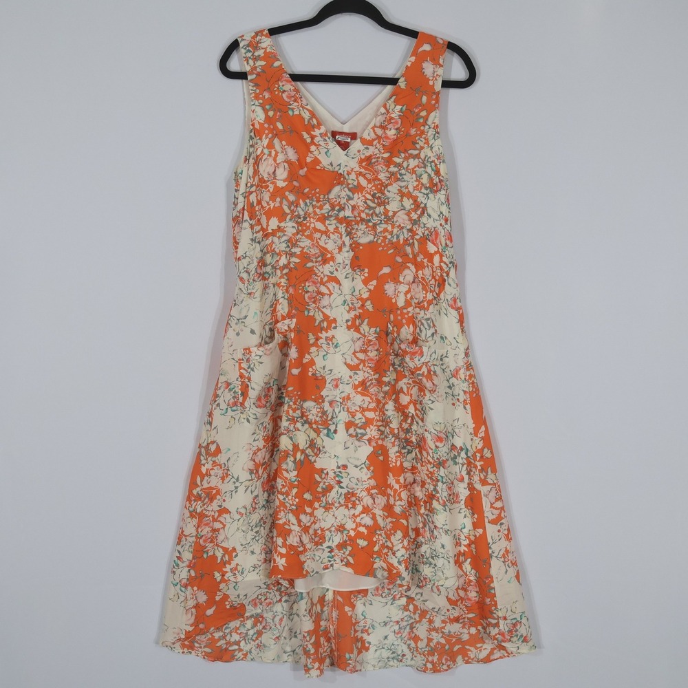 Sundance Floral Silk High-Low Dress Women 10 Orange V-Neck Pockets Feminine Boho